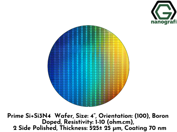 Prime Si+Si3N4 Wafer, Size: 4”, Orientation: (100), Boron Doped, Resistivity: 1-10 (ohm.cm), 2 Side Polished, Thickness: 525± 25 μm, Coating 70 nm