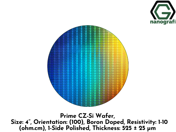 Prime CZ-Si Wafer, Size: 4”, Orientation: (100), Boron Doped, Resistivity: 1-10 (ohm.cm), 1-Side Polished, Thickness: 525 ± 25 μm
