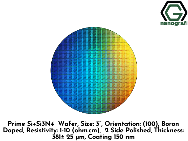 Prime Si+Si3N4 Wafer, Size: 3”, Orientation: (100), Boron Doped, Resistivity: 1-10 (ohm.cm), 2 Side Polished, Thickness: 381± 25 μm, Coating 150 nm