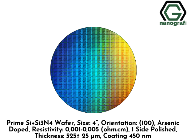 Prime Si+Si3N4 Wafer, Size: 4”, Orientation: (100), Arsenic Doped, Resistivity: 0,001-0,005 (ohm.cm), 1 Side Polished, Thickness: 525± 25 μm, Coating 450 nm