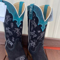 Tin Haul Women's Black Suede and Turquoise Embroidered Horse Square Toe Boot