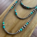60" Graduated Sterling Silver Pearl & Kingman Turquoise Stone Necklace