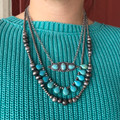 Faux Navajo Pearl and Turquoise Teardrop Stone Double Strand Necklace AN4654-SBTQ