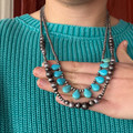 Faux Navajo Pearl and Turquoise Teardrop Stone Double Strand Necklace AN4654-SBTQ