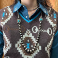 34" Faux Navajo Pearl Offside Turquoise Floral Concho Necklace