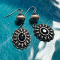 Faux Navajo Pearl and Black Flower Concho Dangle Earrings