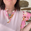 Ladies Pink Stripe Floral Ruffle Sleeve Blouse