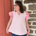 Ladies Pink Stripe Floral Ruffle Sleeve Blouse