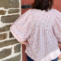 Ladies Pink Gingham Puff Sleeve Bow Tie Blouse
