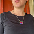 18" Pink Dahlia Rope Border Oval Pendant Necklace AN5264-SBPD