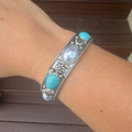 Turquoise & White Pearl Oval Stone Floral Stretch Bracelet