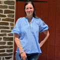 Ladies Blue Striped Puff Short Sleeve Blouse IT19471