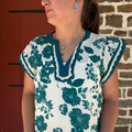 Ladies Teal Floral Flutter Sleeve Blouse IT19475