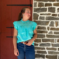 Ladies Turquoise Leopard Satin Pleated Ruffle Top TO1230-JDELEO