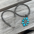 Faux Turquoise Cluster with Cross Pearl Necklace