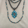 Faux Turquoise Cluster with Cross Pearl Necklace