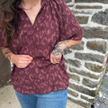 Ladies Maroon Scalloped V Neck 3/4 Sleeve Blouse C6731