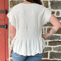 Ladies Oatmeal Scalloped Sleeve Smocked Blouse C5671-T