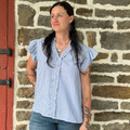 Women's Blue Stripe Ruffle V Neck Flutter Sleeve Blouse