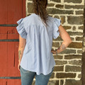 Women's Blue Stripe Ruffle V Neck Flutter Sleeve Blouse