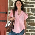 Women's Pink Stripe Ruffle V Neck Flutter Sleeve Blouse