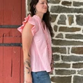 Women's Pink Stripe Ruffle V Neck Flutter Sleeve Blouse