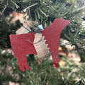 Maroon Metal Heifer Ornament with Green, Tan & Blue Plaid Ribbon 155702