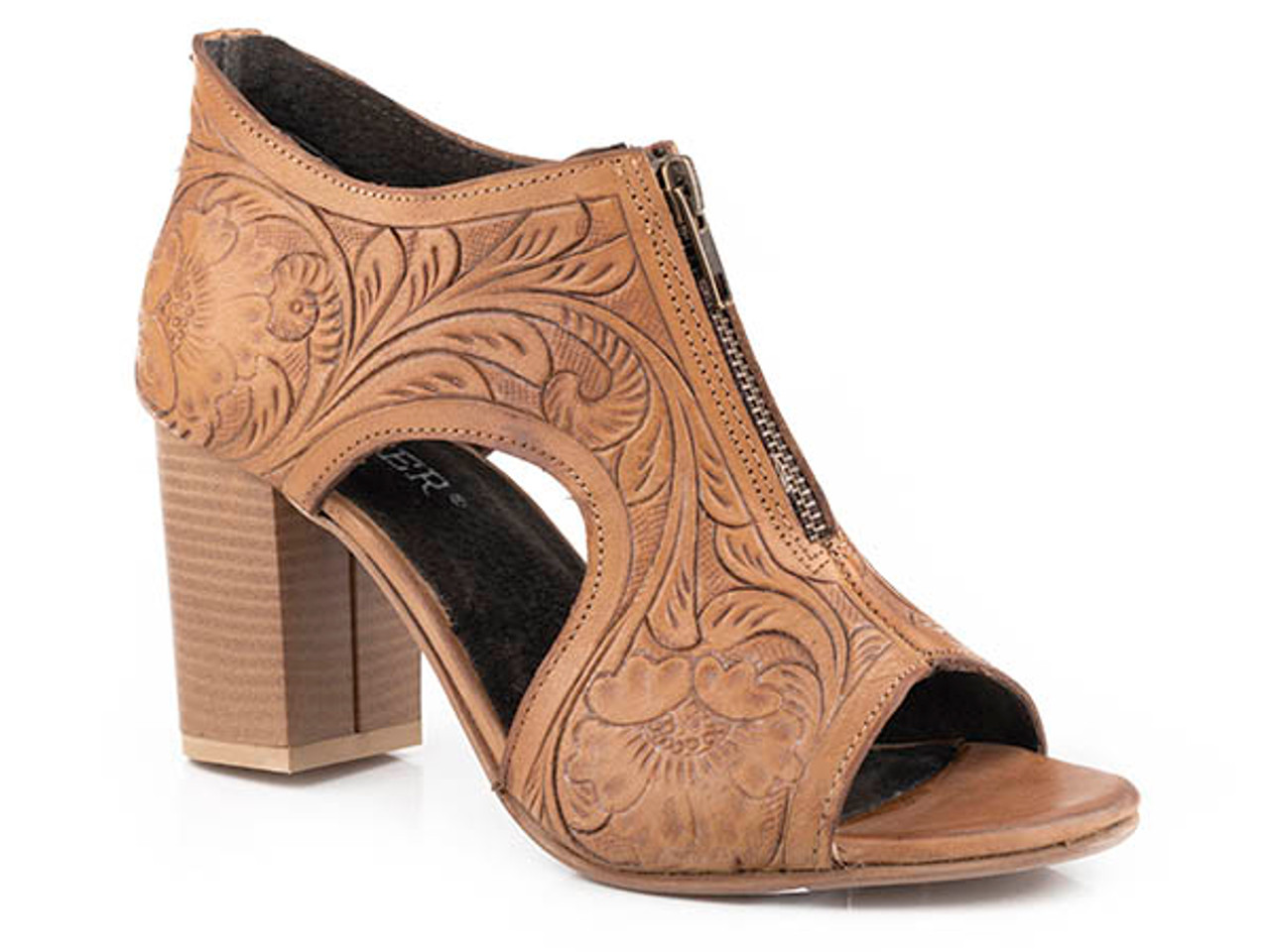 Roper Women's Mika Front Zip Natural Tooled Leather Heel