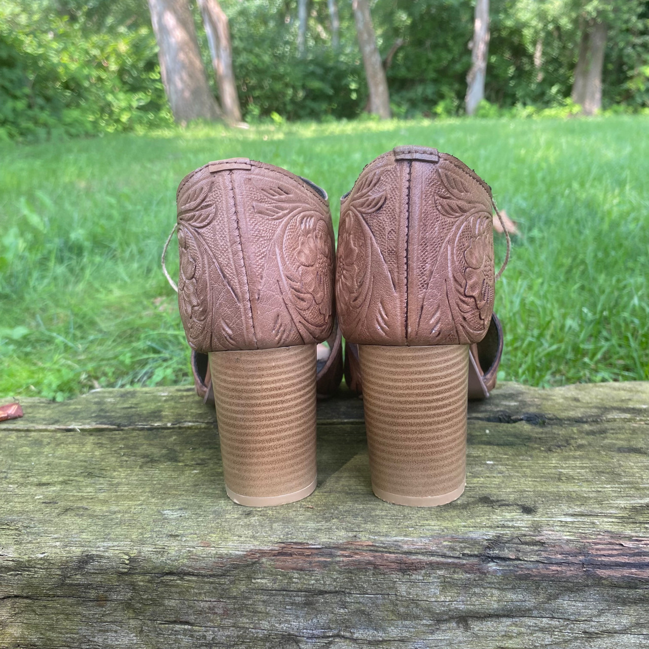 Roper Women's Mika Front Zip Natural Tooled Leather Heel Sandals