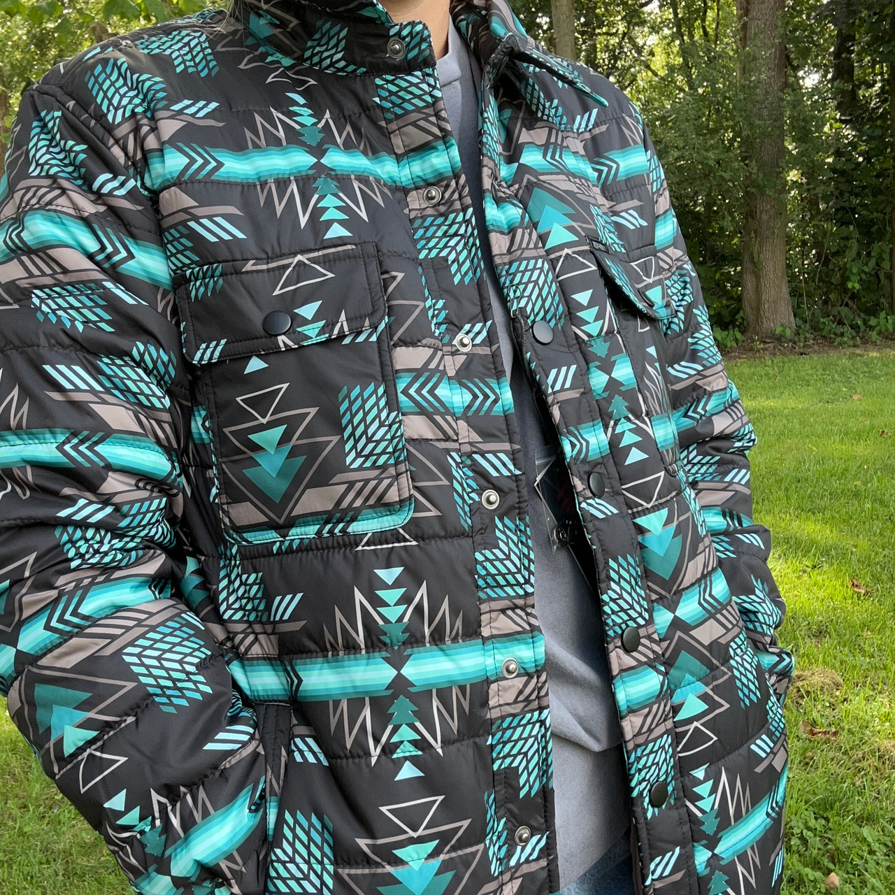 Rock Roll Men s Turquoise and Black Aztec Light Quilted Jacket