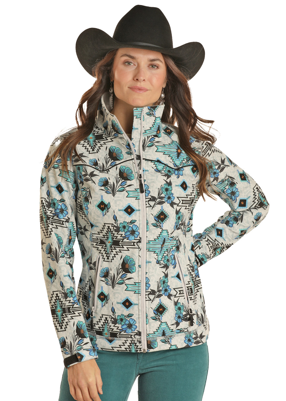 Powder River Ladies Grey and Turquoise Floral Aztec Soft Shell 