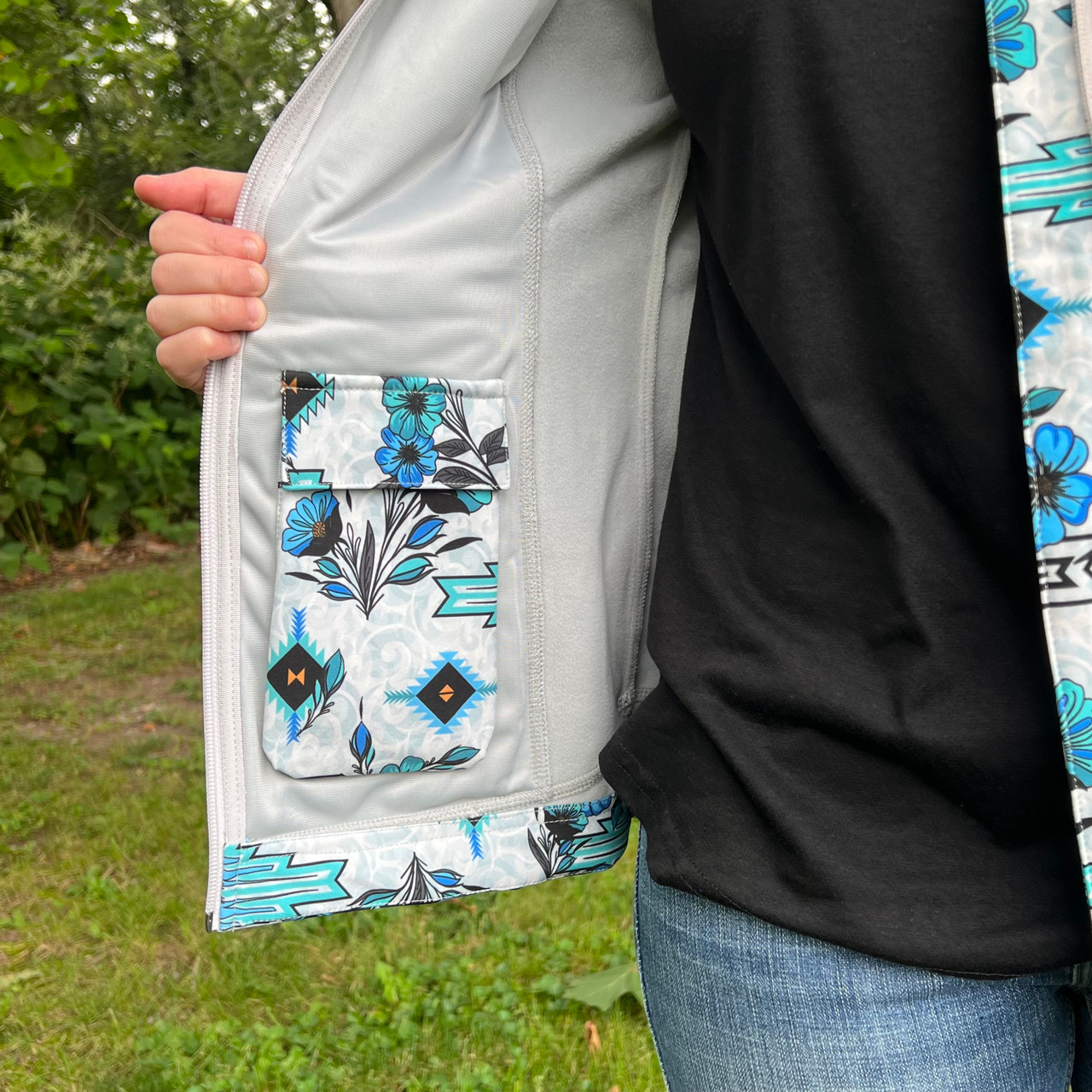 Powder River Ladies Grey and Turquoise Floral Aztec Soft Shell 