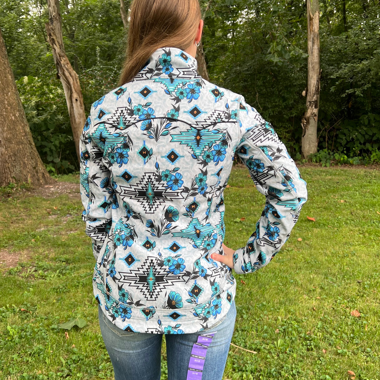 Powder River Ladies Grey and Turquoise Floral Aztec Soft Shell 