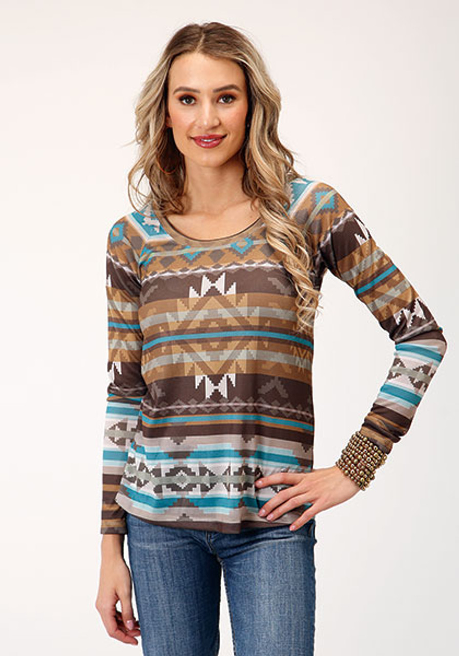 Roper Ladies Charcoal Graphic Long Sleeve Jersey Knit Top 03-038-0513-6113  GY - Stockyard Style