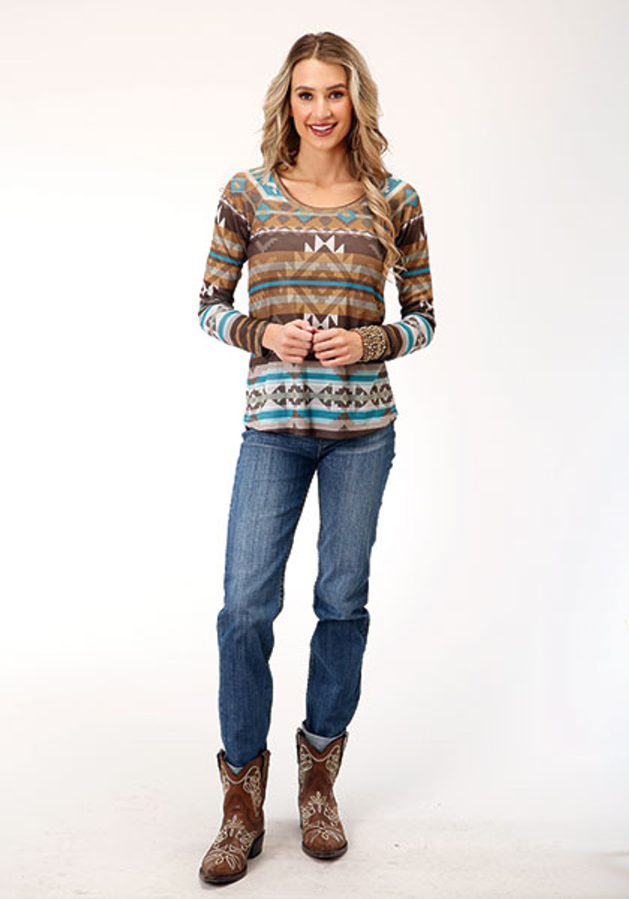 Roper Ladies Charcoal Graphic Long Sleeve Jersey Knit Top 03-038-0513-6113  GY - Stockyard Style