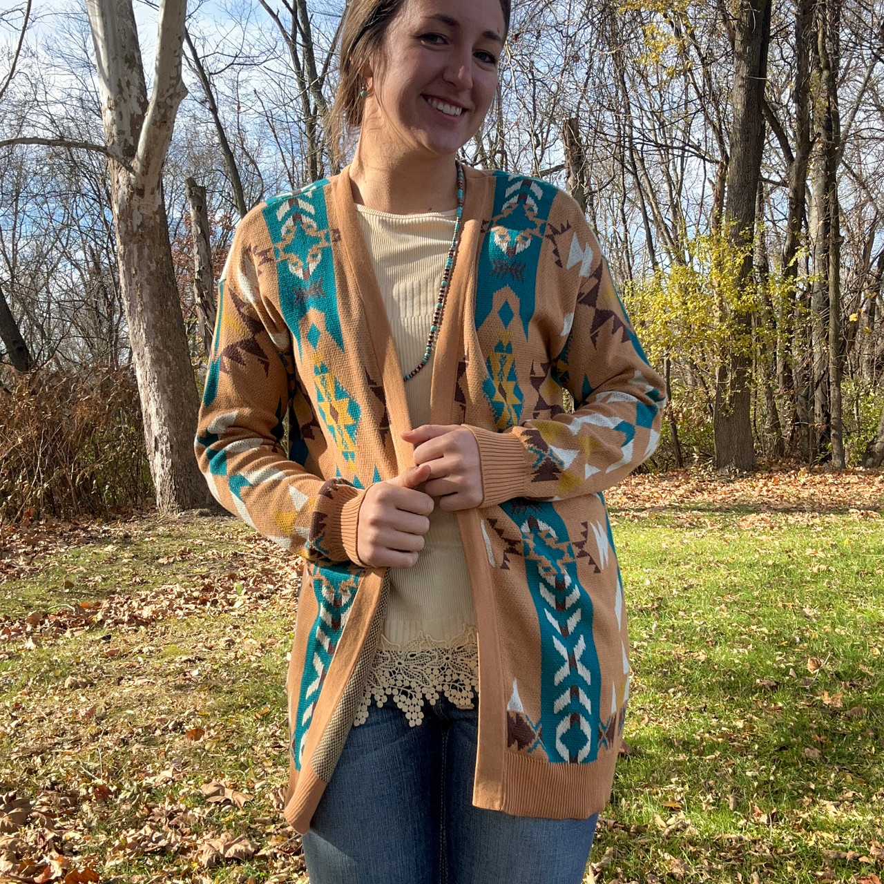 Panhandle Ladies Brass and Turquoise Aztec Cardigan LW95T02919 - Stockyard  Style