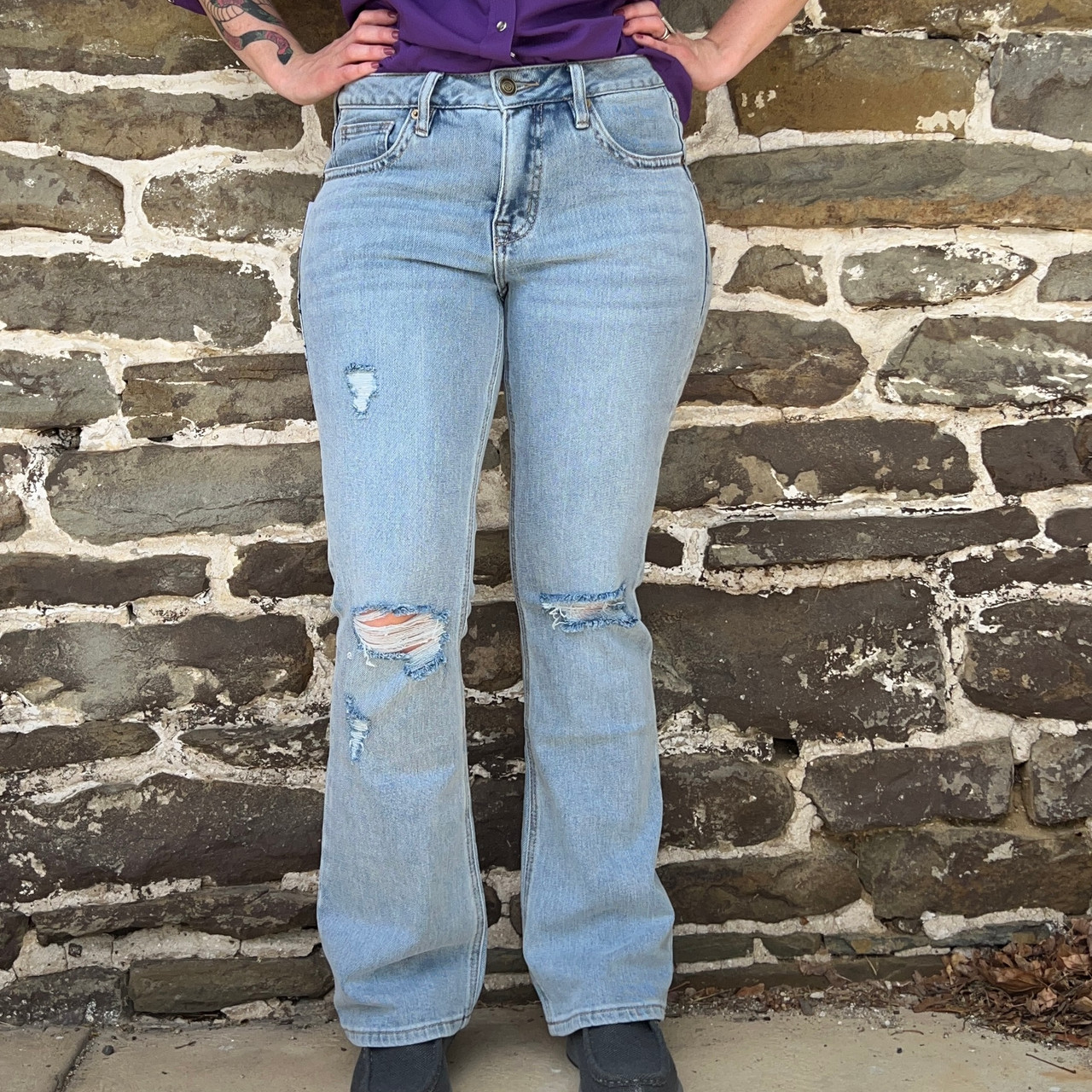 【KOOLOSET】Oil Washed One-Tuck Denim Rock & Roll Ladies Mid Rise Light Wash Distressed Boot Cut