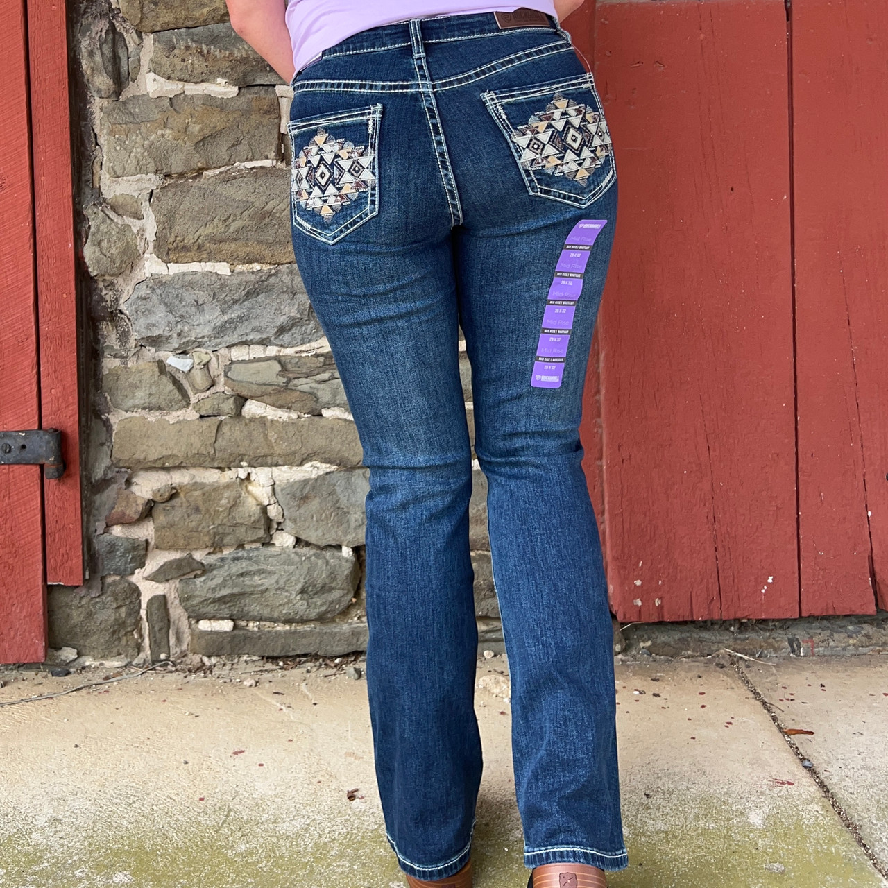 Rock & Roll Ladies Dark Vintage Aztec Embroidered Mid Rise