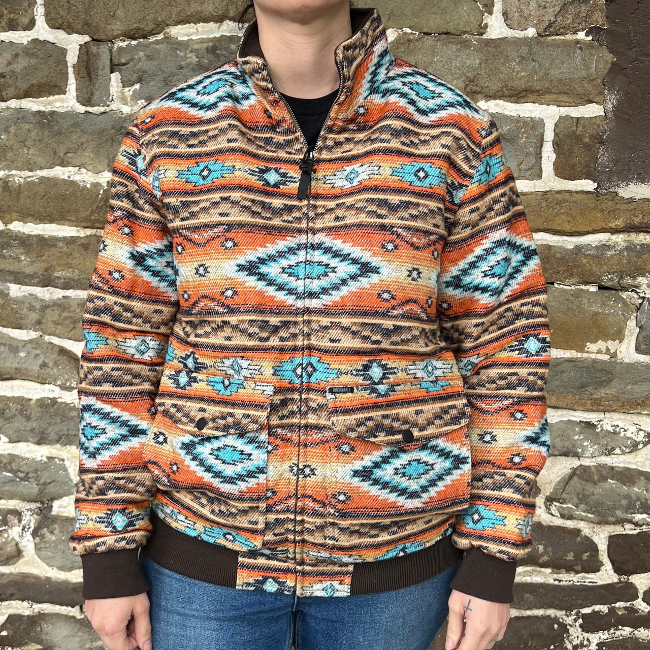 Rock & Roll Men's Orange Aztec Jacquard Zip Up Jacket BM92C04330