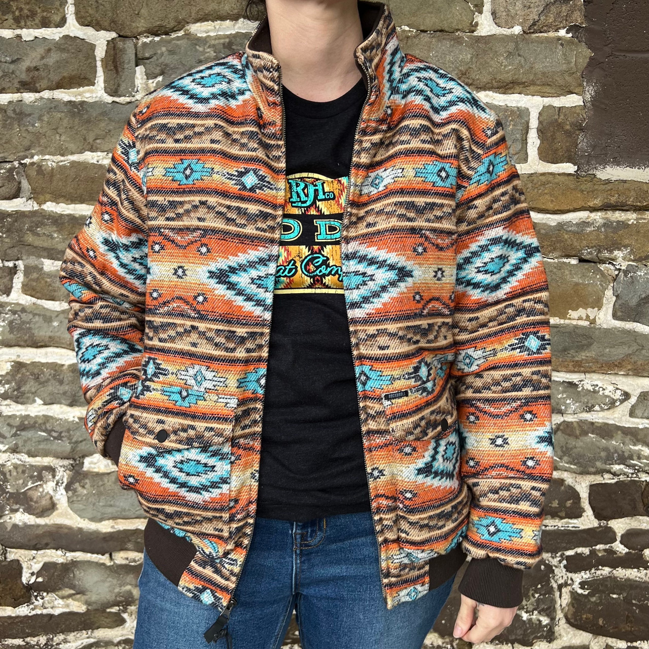 Denim Aztec Pattern Jacket Rock Roll Men's Orange Aztec Jacquard