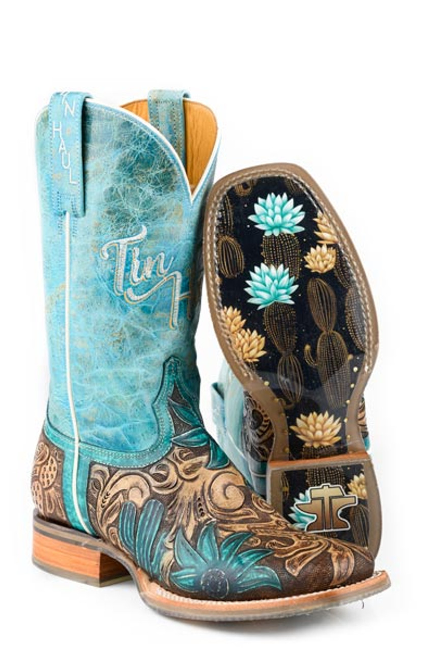 Tin Haul Women's Cactus Flower Tooled Square Toe Boot 14-021