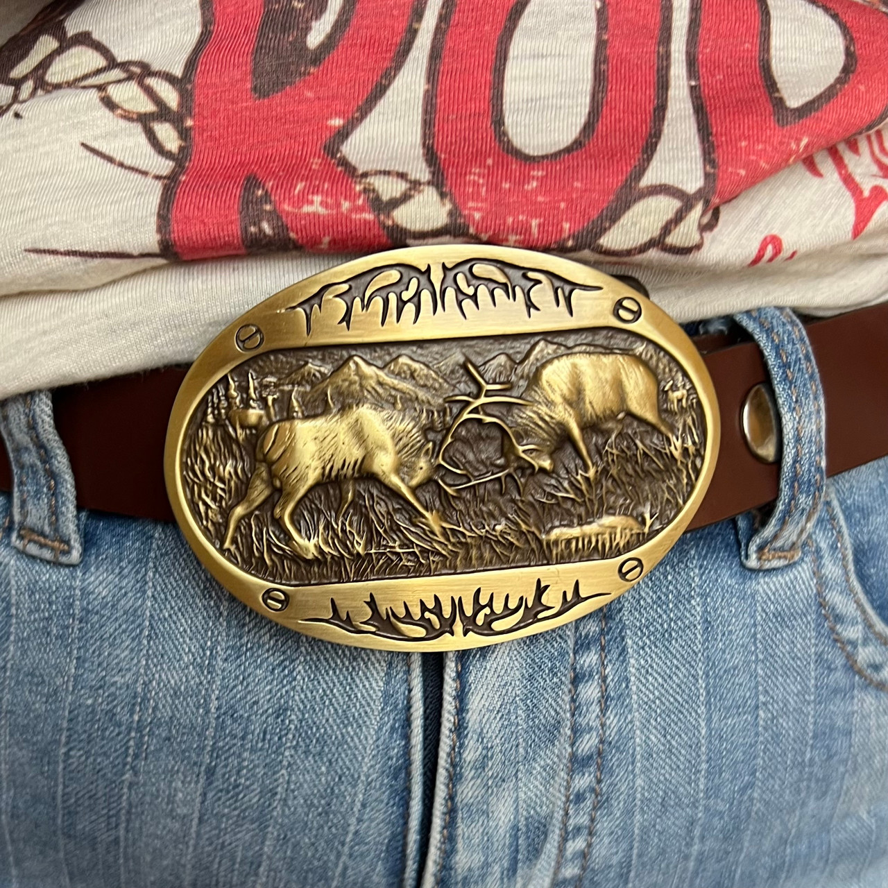 Montana Silversmiths Fighting Elk Brass Heritage Attitude Belt