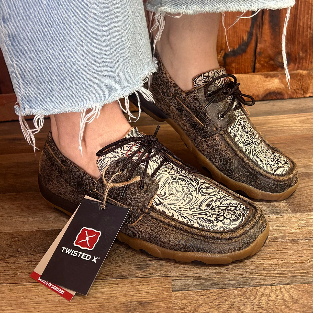 Twisted X Women's Brown and Floral Embossed Boat Shoe Driving Moc