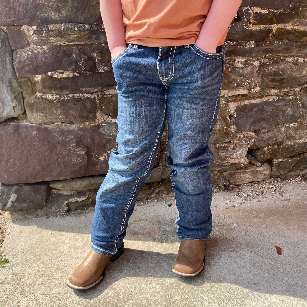 Rock & Roll Boy's Slim Fit Leather Embroidered Revolver Straight