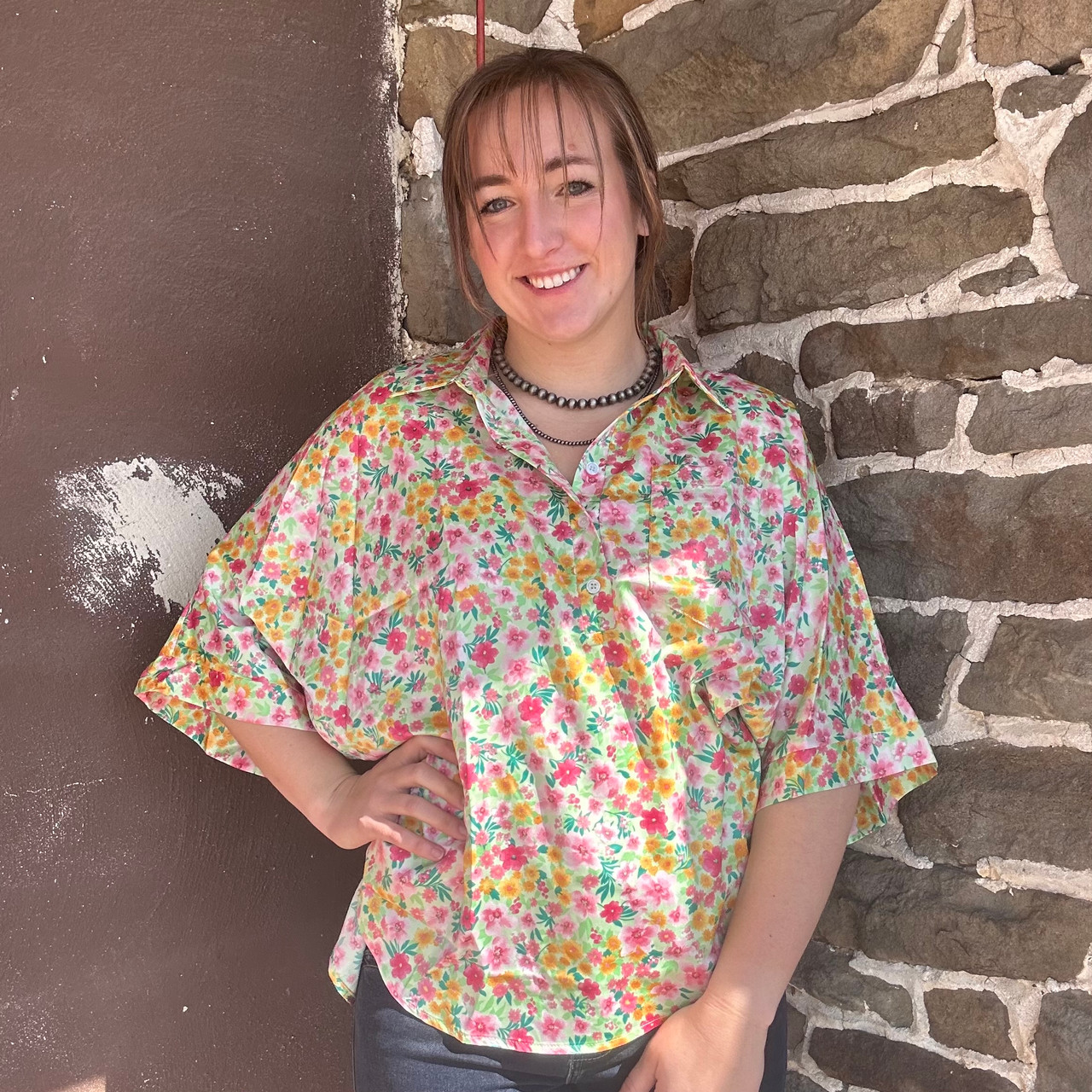 Size M/L Ladies Emily Wonder Mint Floral Silky Collared Blouse