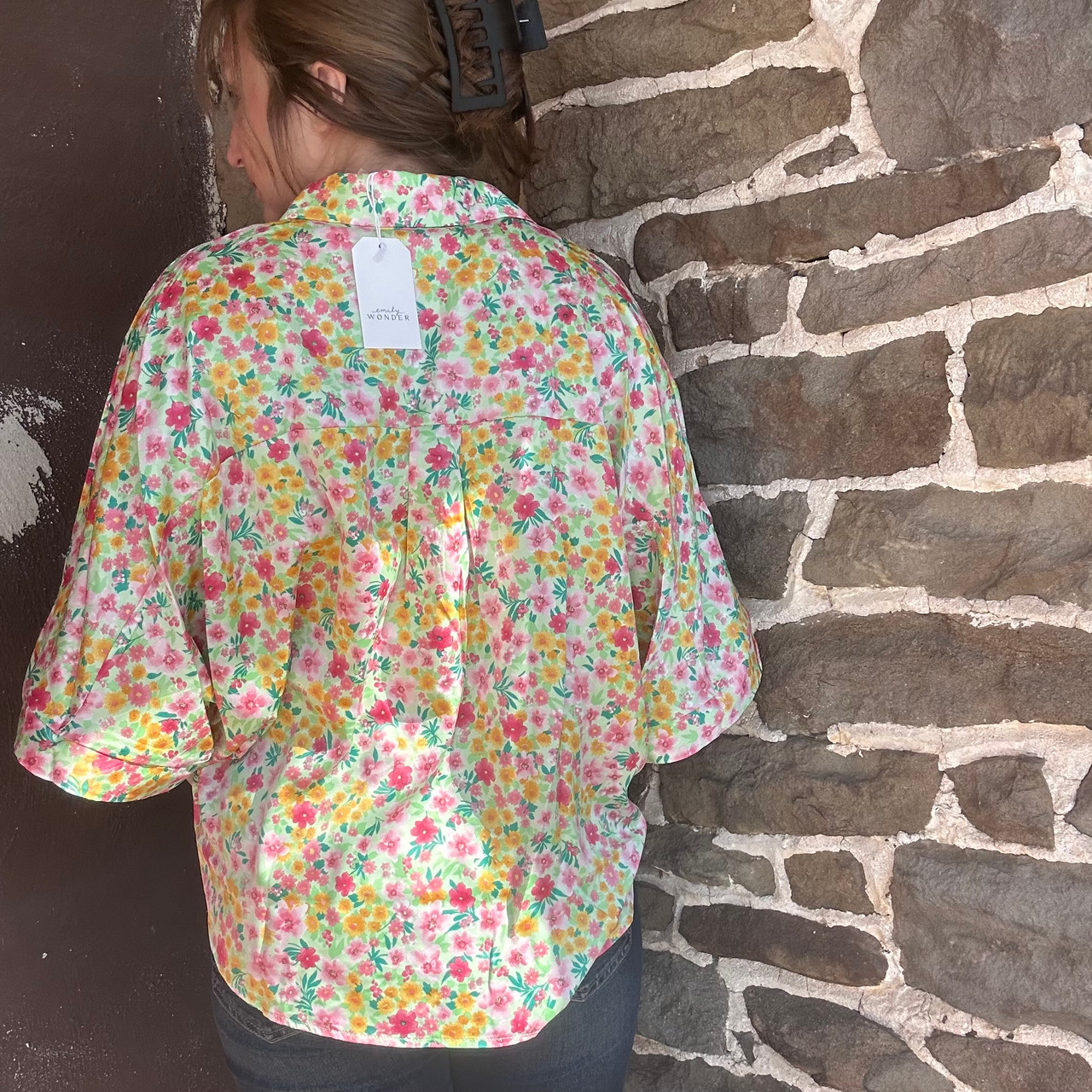 Size M/L Ladies Emily Wonder Mint Floral Silky Collared Blouse