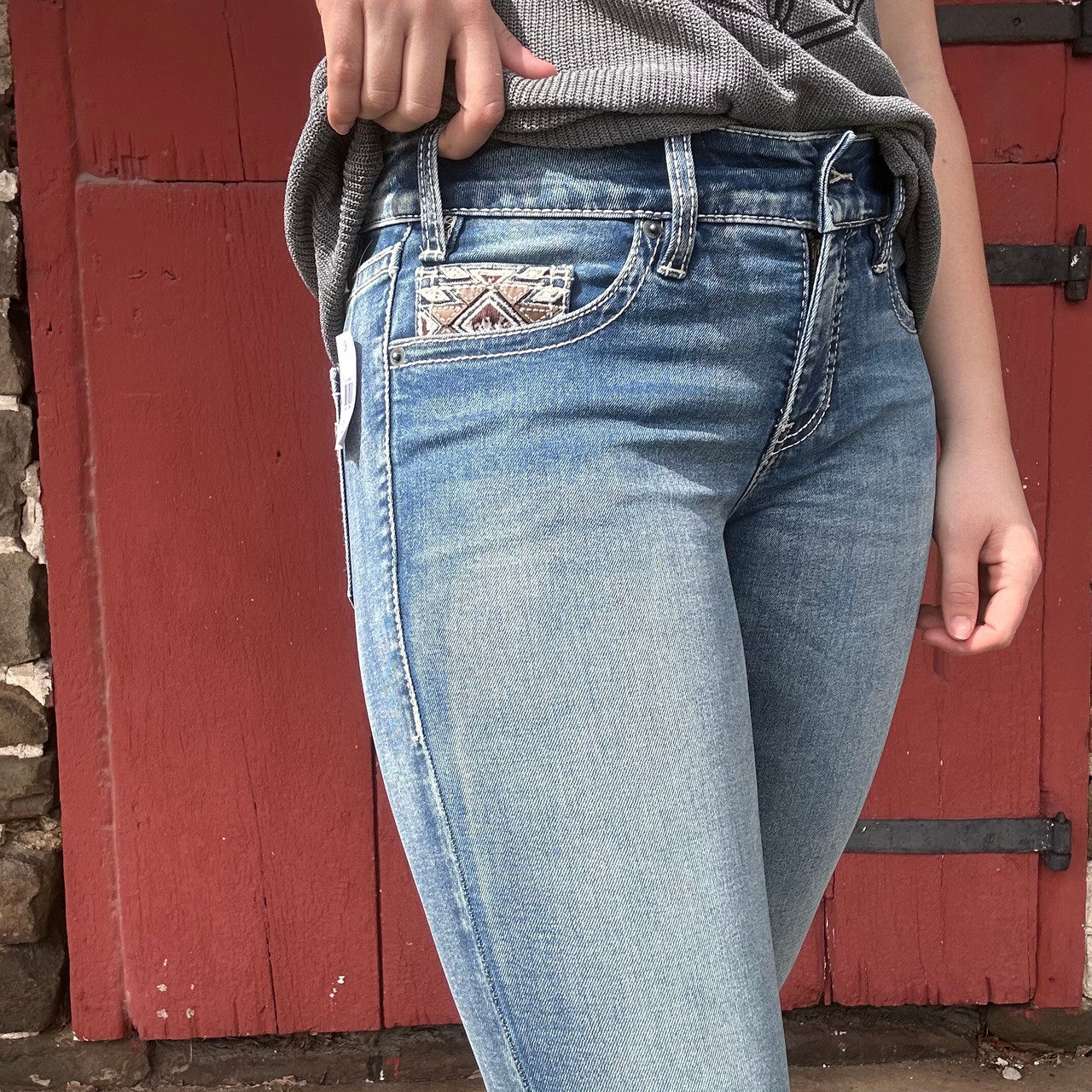 Rock & Roll Ladies Steer Aztec Pocket Mid Rise Bootcut Jeans