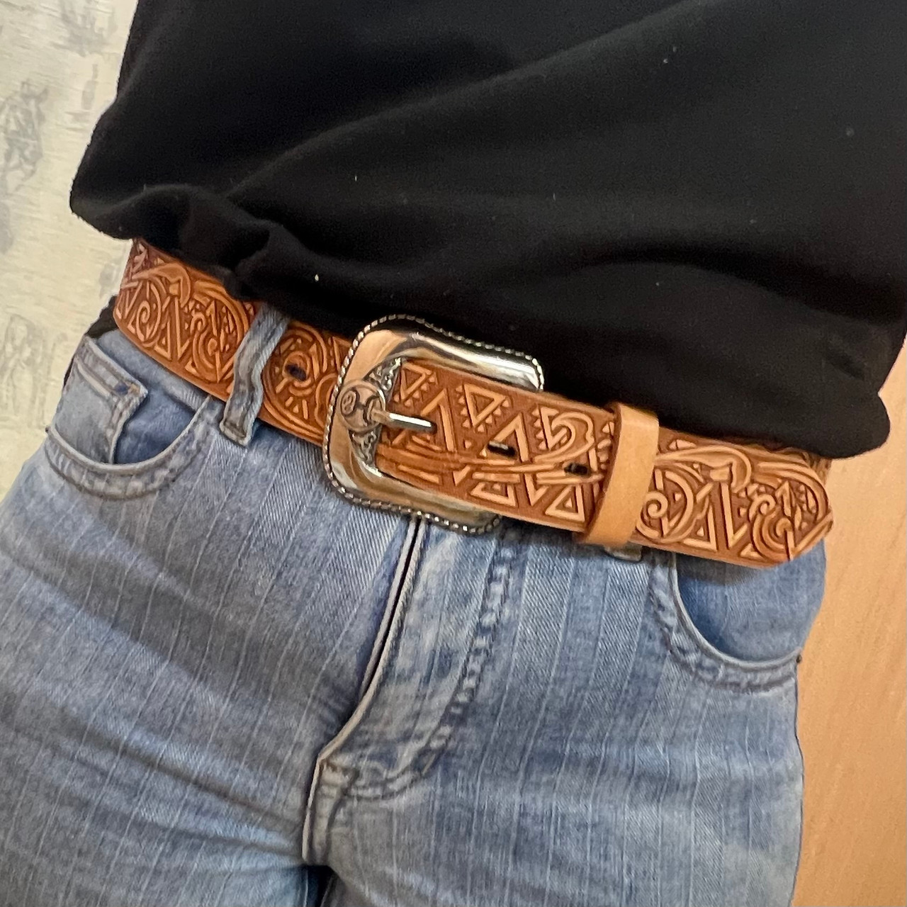 Hooey Classic Natural Leather Belt With Tribal Filigree Embossed