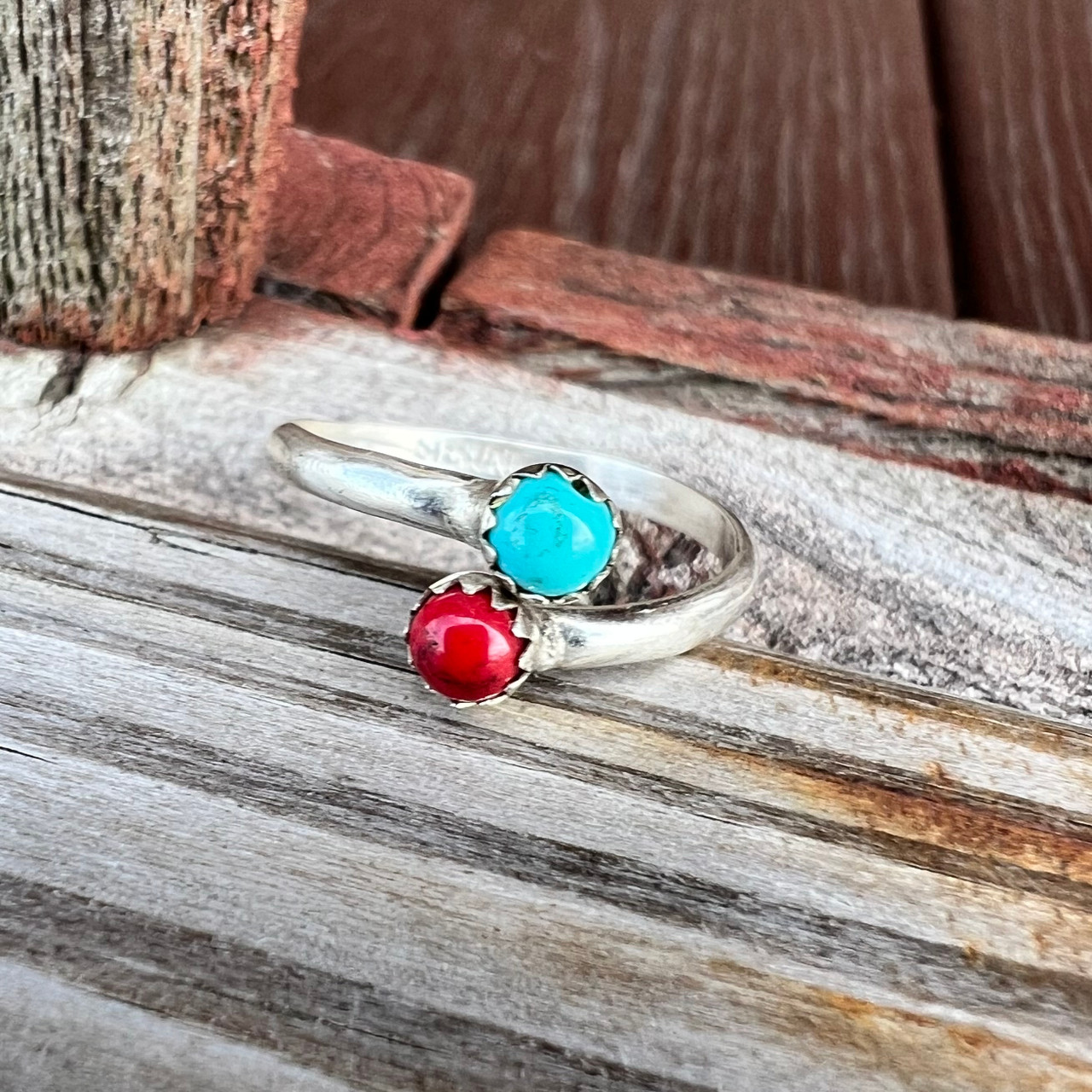 Navajo Sterling Silver, Coral & Turquoise Adjustable Ring