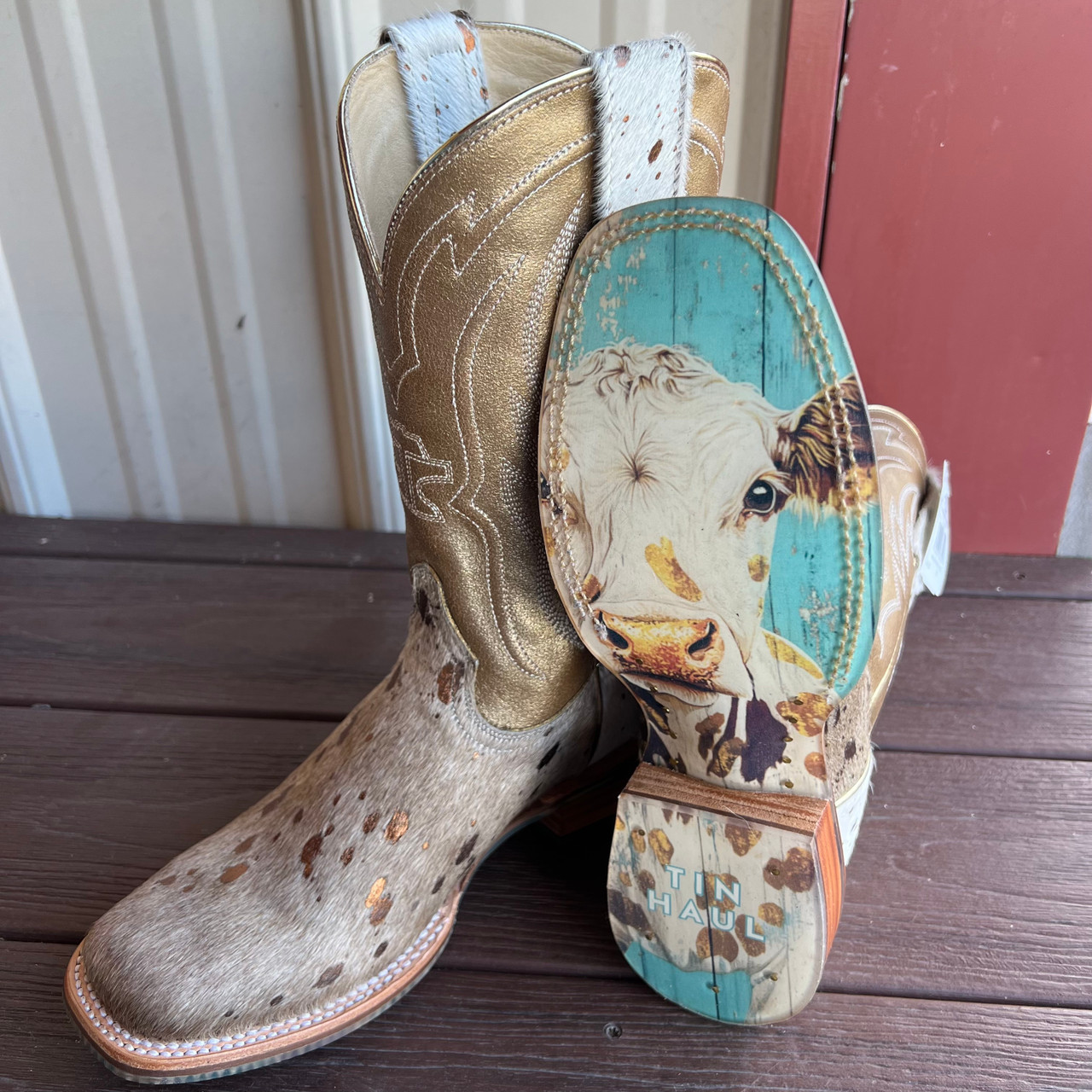 Tin Haul Women's Golden Charolais Cowhide Boots - Stockyard Style